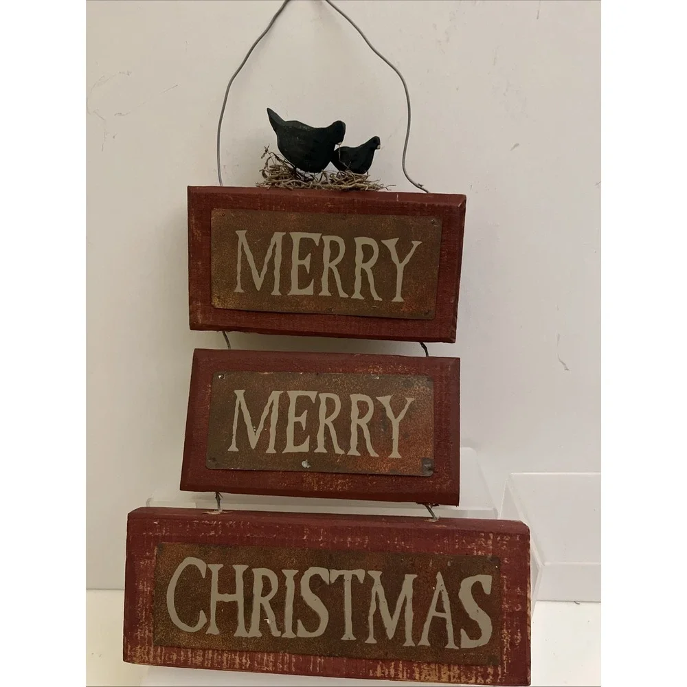 Rustic Stacked Wooden Sign Merry Merry Christmas Farmhouse‎ Cottage Core Birds